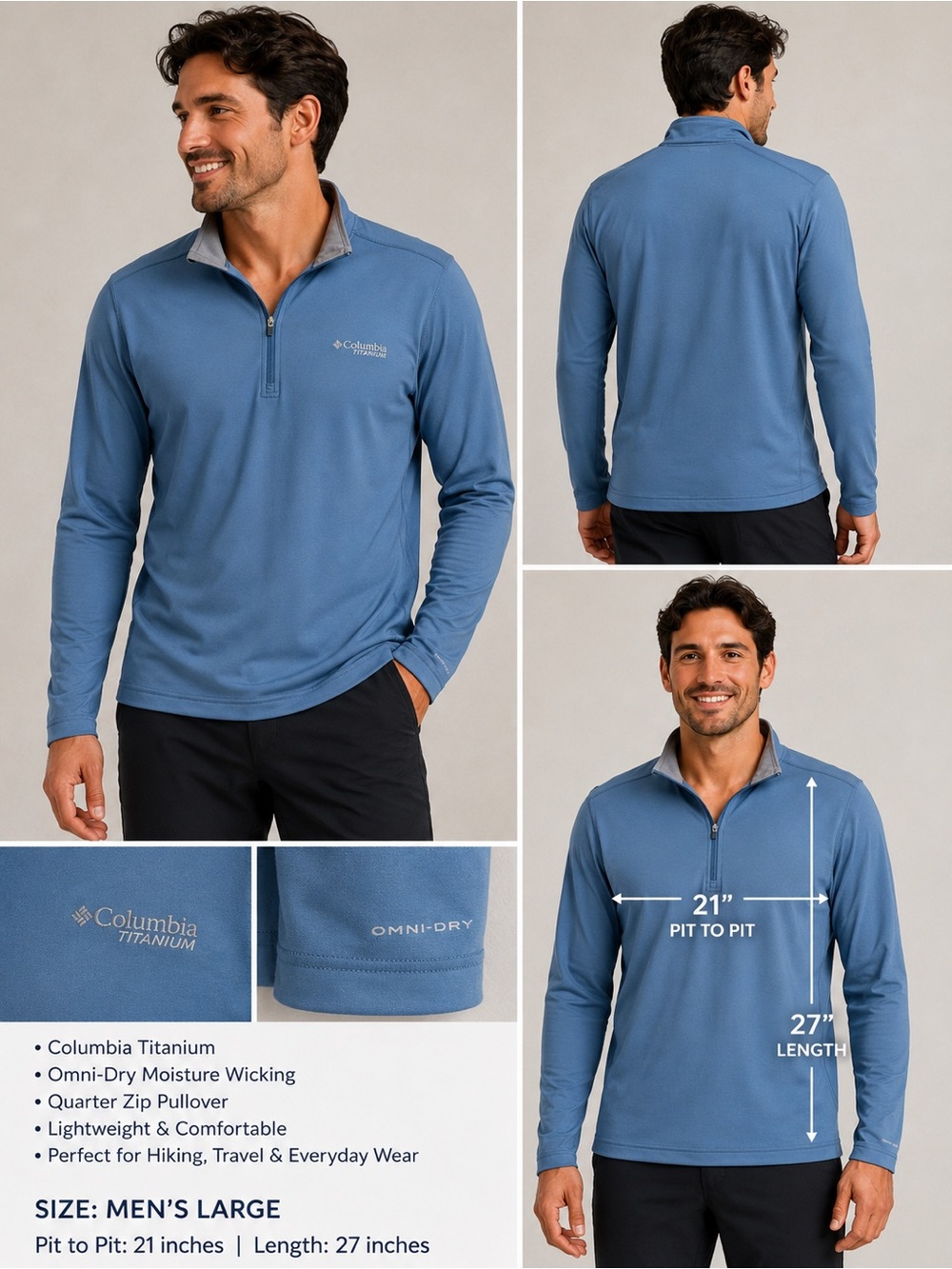 Columbia Titanium Omni-Dry Quarter Zip Pullover Men’s Large Blue Hiking Shirt
